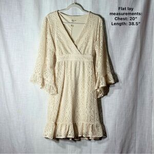 Emma & Michele Cream Crochet‎ Lace Bell Sleeve Boho Ruffle Hem Dress XL